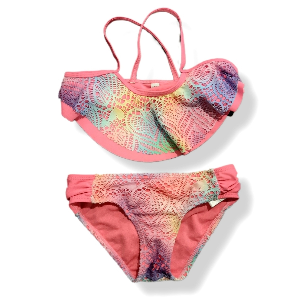 💠LIMITED TOO Ombre Rainbow Bikini Crochet Lace Ruffle Crossover Swimsuit